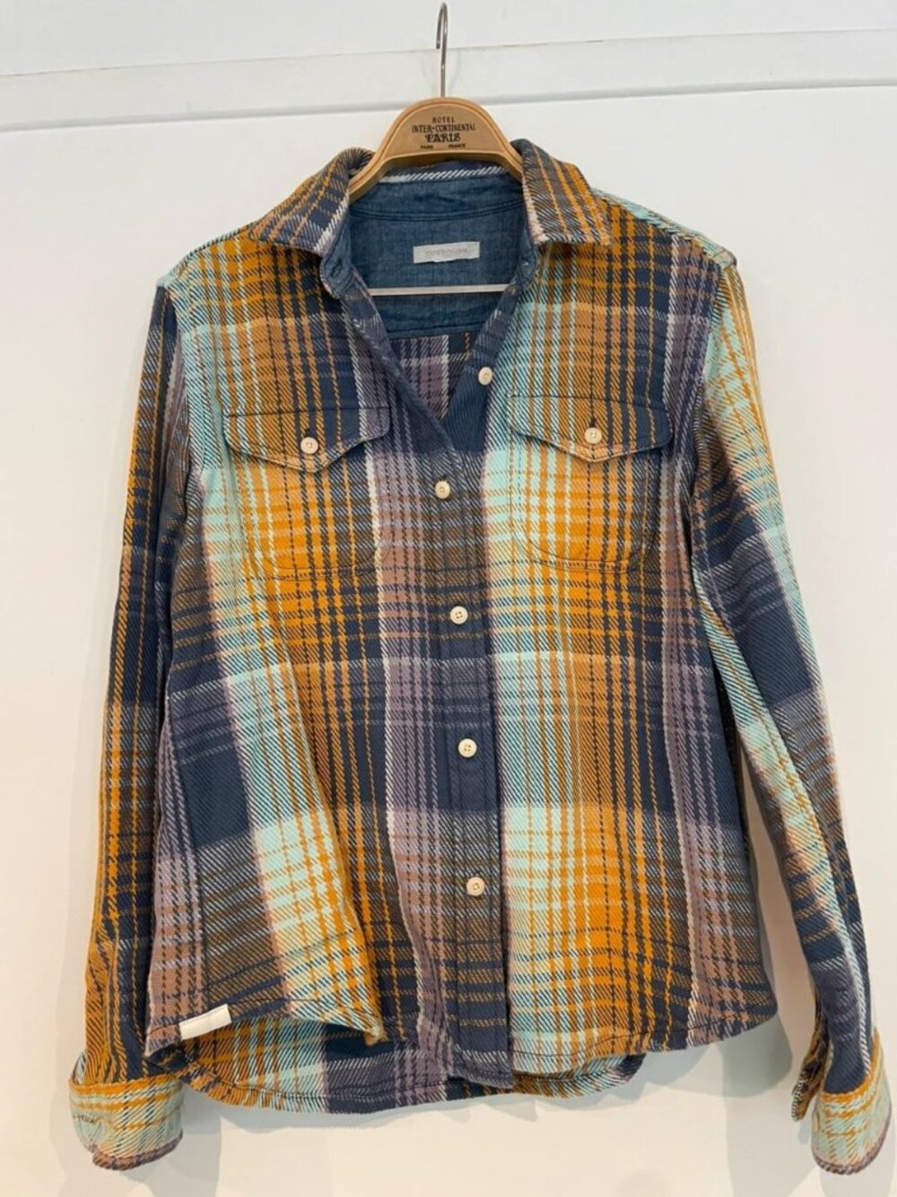 Plaid Flannel Button-Up Shirt Blue Mustard & Cream Women's Size XS